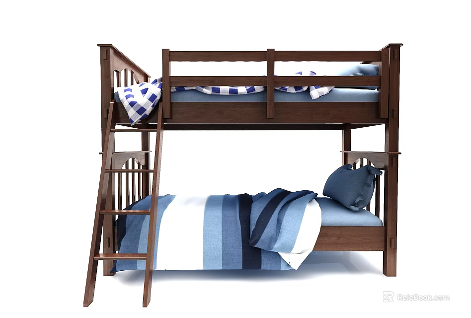 Wooden Bunk Bed With Ladder Blue White Striped Bedding And Pillows 3d model 
