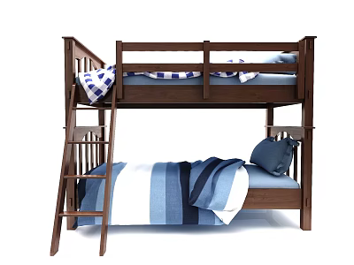 Wooden Bunk Bed With Ladder Blue White Striped Bedding And Pillows 3d model