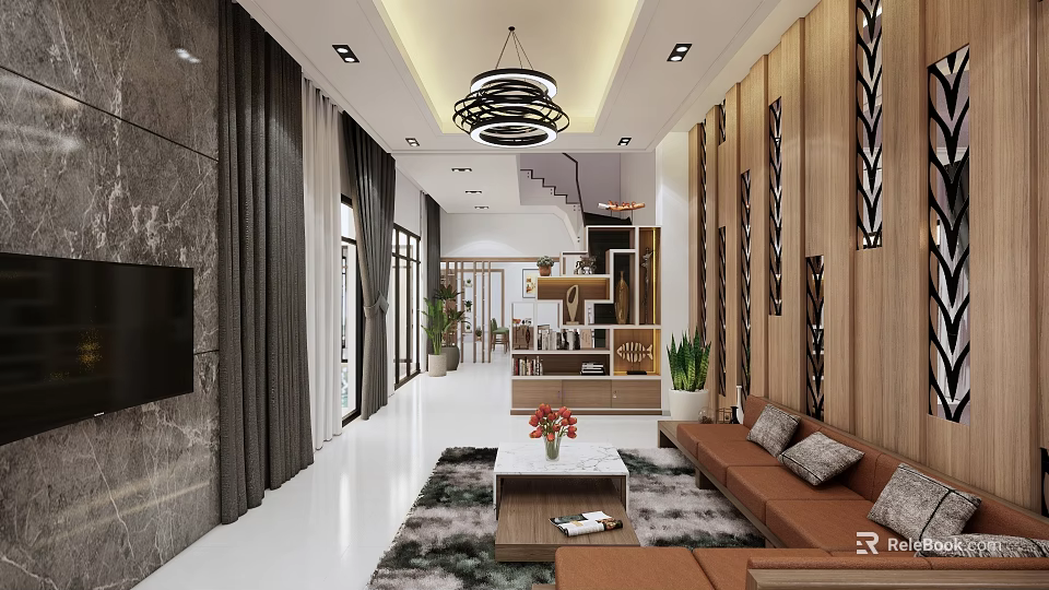 Modern Living Dining Room Interior With Chandelier Sofa Coffee Table And Wooden Decor 3d model 
