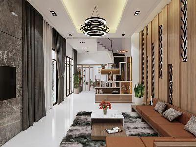Modern Living Dining Room Interior With Chandelier Sofa Coffee Table And Wooden Decor 3d model