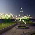 Illuminated Flowers In Night Garden With Green Lawn And Circular Turf Areas