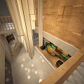 Public Office Space Interior With Race Car Display Wooden Walls Concrete Elements And Hanging Lights