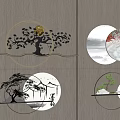 Chinese Style Circular Wall Decor With Moon Pine Tree And Landscape Design