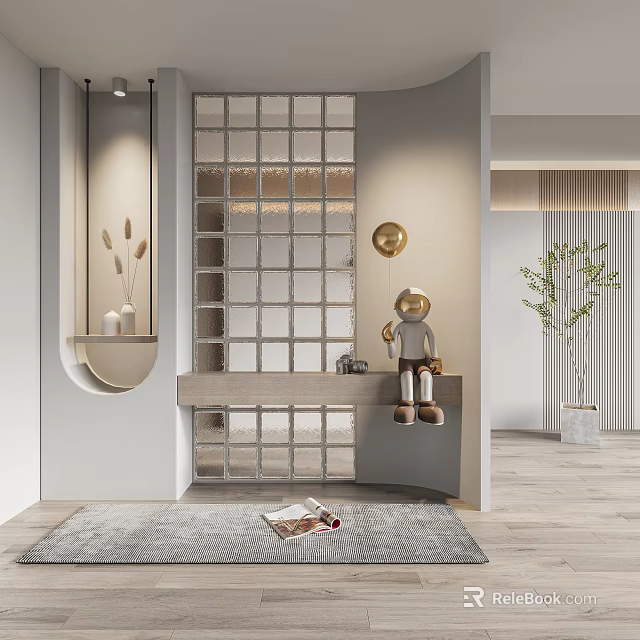 Modern Entryway Hallway Design With Glass Partition Console Table Decorative Ornaments And Potted Plant 3d model 