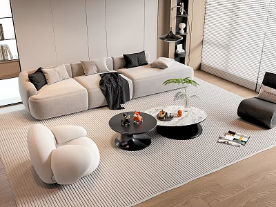Modern Gray Sofa And Coffee Table Set With Black Cushions Marble Top White Armchair 3d model
