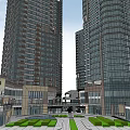 Urban Commercial Complex Featuring Tall Glass Buildings Low Rise Structures Plaza Greenery And Walkways