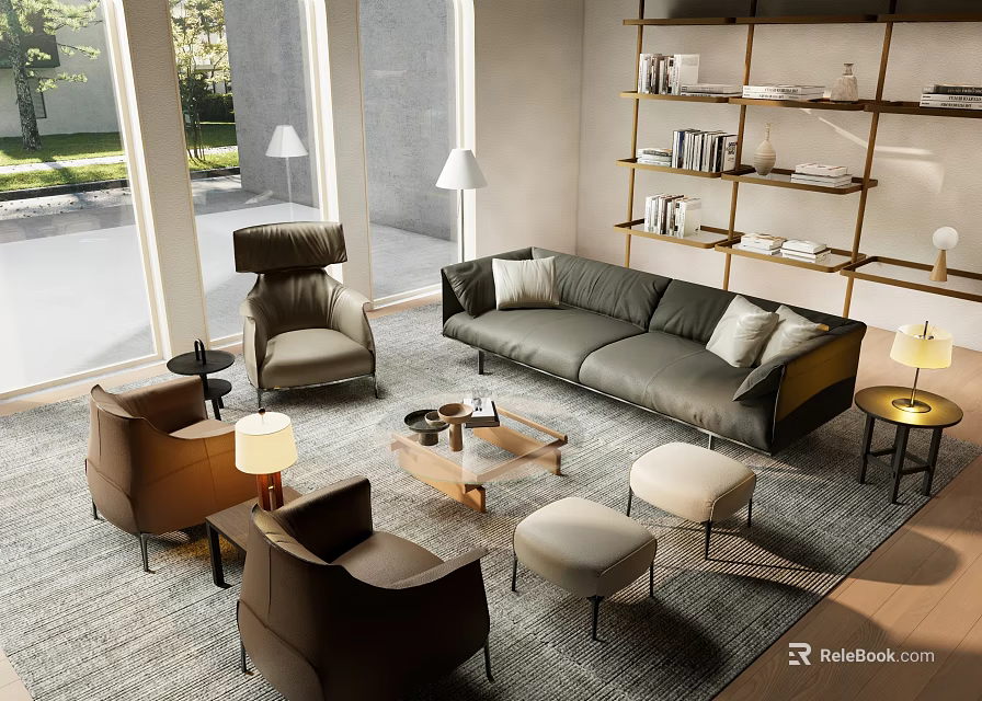 Modern Comfortable Sofa Coffee Table Set Interior With Armchairs Side Tables And Area Rug 3d model 