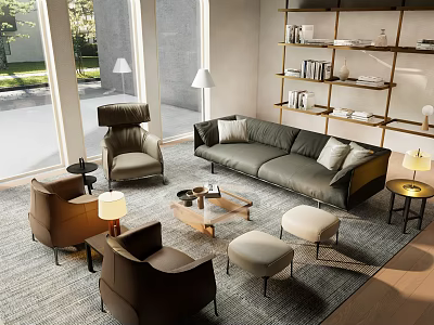 Modern Comfortable Sofa Coffee Table Set Interior With Armchairs Side Tables And Area Rug 3d model