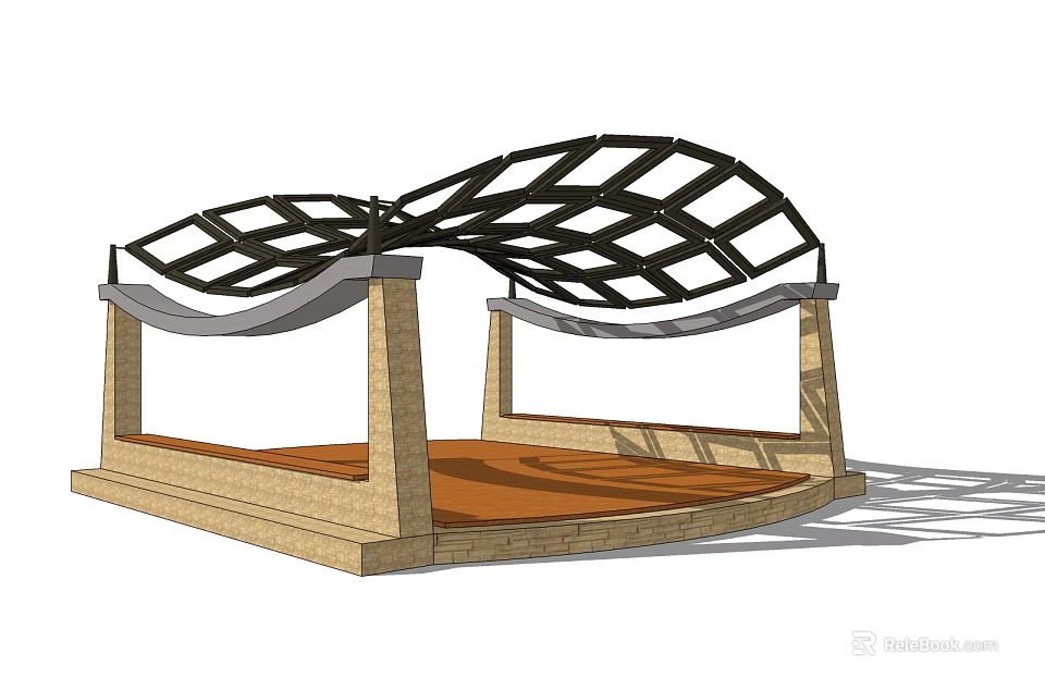 Modern Outdoor Pergola With Grid Roof Design And Stone Pillar Platform Base 3d model 