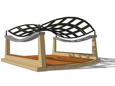 Modern Outdoor Pergola With Grid Roof Design And Stone Pillar Platform Base 3d model