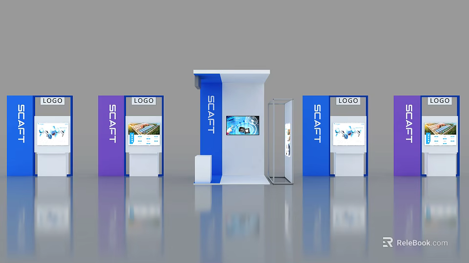 Modern Exhibition Booth Design With SCART Logo Screen And Display Cabinets 3d model 