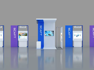 Modern Exhibition Booth Design With SCART Logo Screen And Display Cabinets 3d model