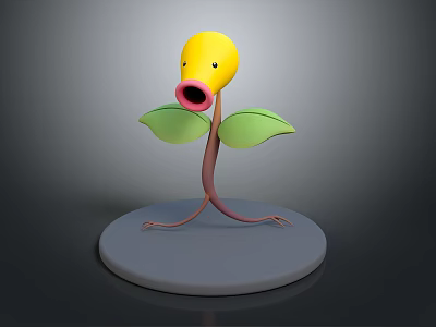 Yellow Character Plant With Green Leaves Long Stem And Legs On Round Base 3d model