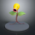 Yellow Character Plant With Green Leaves Long Stem And Legs On Round Base