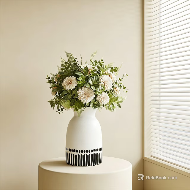 White Vase With Black Striped Base Holding White Flowers And Green Leaves Near Window 3d model 