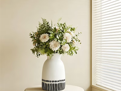 White Vase With Black Striped Base Holding White Flowers And Green Leaves Near Window 3d model