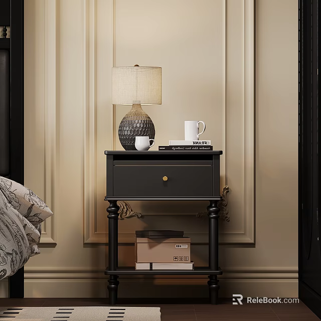 Elegant Dark Nightstand With Table Lamp White Mug Books Storage Box On Paneled Wall 3d model 