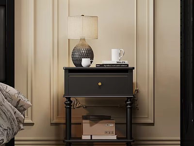Elegant Dark Nightstand With Table Lamp White Mug Books Storage Box On Paneled Wall 3d model