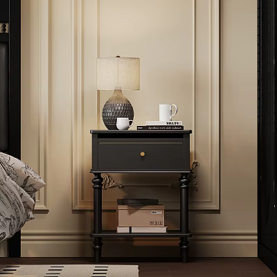 Elegant Dark Nightstand With Table Lamp White Mug Books Storage Box On Paneled Wall 3d model