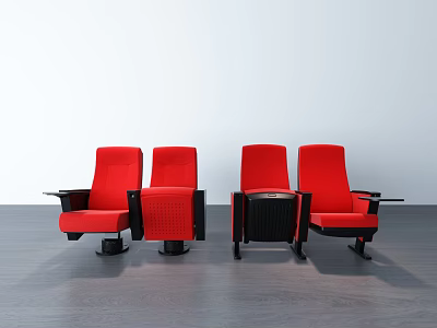 Red Theater Style Public Chairs With Armrests And Cup Holders On Dark Floor 3d model