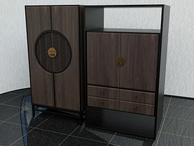Modern Dark Walnut Entryway Cabinet and Side Cabinet with Circular Grille and Brass Handles 3d model