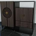Modern Dark Walnut Entryway Cabinet and Side Cabinet with Circular Grille and Brass Handles