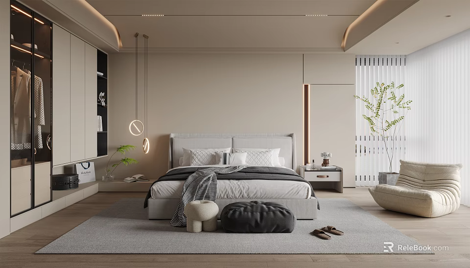 Modern Bedroom With Neutral Tones Bed Headboard Pendant Lights Nightstand Area Rug And Plant 3d model 