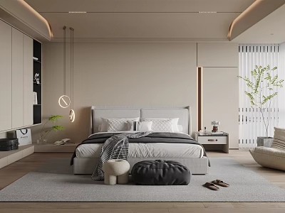 Modern Bedroom With Neutral Tones Bed Headboard Pendant Lights Nightstand Area Rug And Plant 3d model