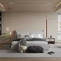 Modern Bedroom With Neutral Tones Bed Headboard Pendant Lights Nightstand Area Rug And Plant