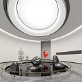 Modern Interior Landscape With Circular Skylight Water Pool Stones Sculptures And Red Dancer