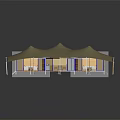 Spacious Beige Canvas Tent With Multiple Peaked Roofs Elevated Wooden Platform and Open Interior Space