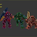 Three Colorful Robot Characters Featuring Mechanical Weapons And Animal Inspired Features In Red Blue Brown