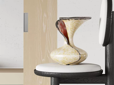 Ceramic Vase On Chair With White Cushion Black Frame Light Wooden Door White Wall 3d model