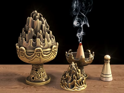 Traditional Bronze Decorative Tea Set With Mountain Shaped Incense Burner And Smoke On Wooden Table 3d model