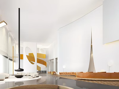 Modern Lounge Area With Curved Design White Walls And Orange Sofas 3d model
