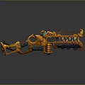 Golden Orange Fantasy Weapon With Intricate Spikes Tooth Like Structures Blue Glowing Accents