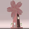 Pink Windmill House With Petal Blades Red Body Windows Door And Small Base Plants