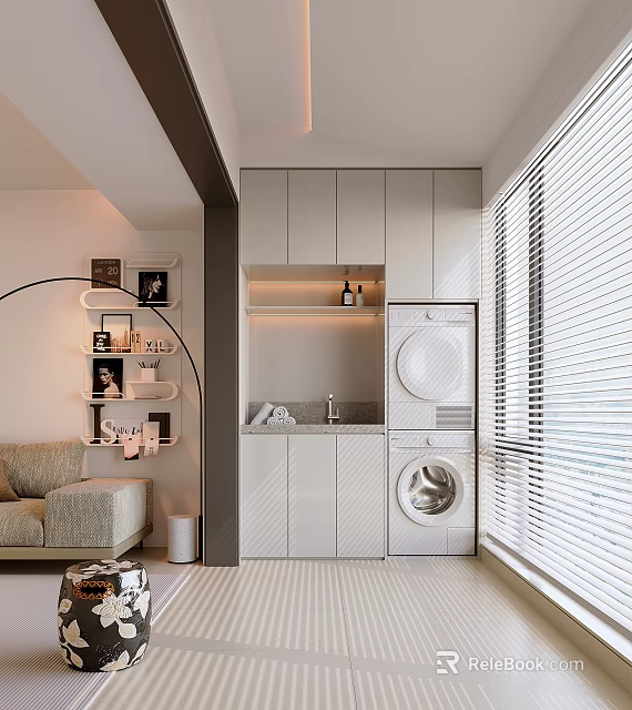Modern Home Balcony Design With Washing Machine Storage Cabinets And Window Blinds 3d model 