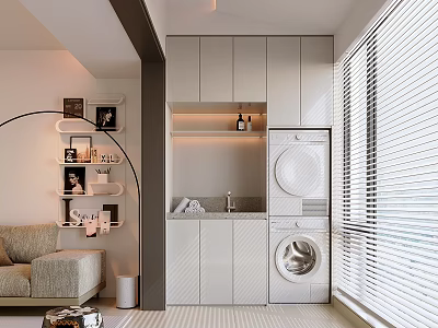Modern Home Balcony Design With Washing Machine Storage Cabinets And Window Blinds 3d model