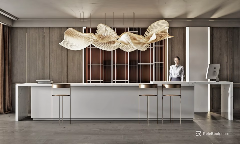 Modern Bar Counter With Artistic Pendant Lights Wooden Wall Grid Design And High Stools 3d model 