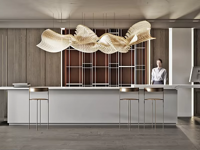 Modern Bar Counter With Artistic Pendant Lights Wooden Wall Grid Design And High Stools 3d model