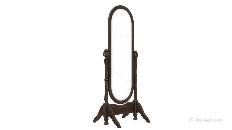 Vintage Dark Brown Wooden Floor Mirror With Carved Stand And Tripod Base 3d model 