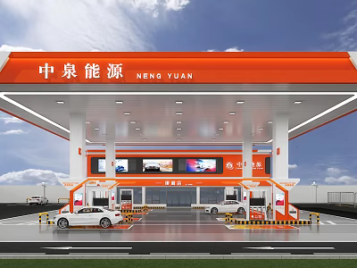 Zhongquan Energy Gas Station With Orange Canopy Fuel Dispensers And Vehicles 3d model