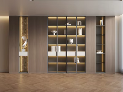 Modern Bookcase Interior Design With Built in Lighting Shelves Books And Decorative Items 3d model
