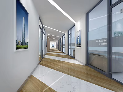 Modern Office Corridor With Glass Doors Wall Artworks And Wood Marble Flooring 3d model