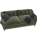 Green Velvet Two Seater Sofa with Dark Pillows and Black Throw Blanket and Wooden Legs