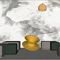 Stylish Gray And Green Sofa Stools With Gold Floor Lamp And Textured Wall