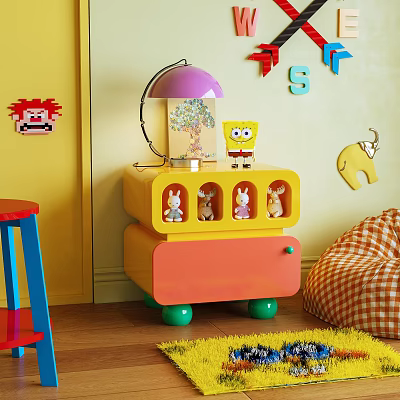Yellow Orange Kids Bedside Table With Purple Shade Lamp SpongeBob And Rabbit Toys 3d model