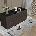 Brown Dresser With Glass Top Decorative Items Vase And Area Rug In Modern Room
