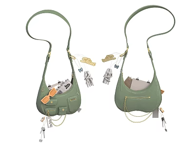 Two Green Stylish Shoulder Bags With Hanging Charms And Small Keychains 3d model